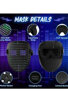 LED Mask, Luminous Mask, Halloween Mask, Scary Mask, 25 Animations, 25 Pictures, Induction Switch Mask For Parties, Carnival Gift - Black - View 6