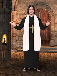 成人男士牧师服装套装，包括牧师长袍（白色）和十字架，适合化装舞会和活动装饰。 - 彩色 - 查看 13