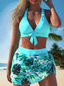 Solid-Color Bow Women's V-Neck Backless Bikini Swimsuit - Multicolor - View 1
