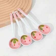 1pc Ceramic Strawberry Design Soup Spoon, Long Handle Dessert Spoon, Cute Tableware For Home Use - Pink - View 4