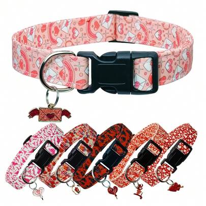 1pc Heart Pattern Pet Collar With Elegant Heart Pendant, Soft Polyester Material Dog Collar With Adjustable Quick Release Safety Buckle, Suitable For Small/Medium/Large Male/Female Dogs Or Small/Medium Cats, Ideal Gift For Holidays, Valentine's Day, Weddings