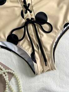 2026 Spring/Summer New Polka Dot Pattern Women's Triangle Bikini Two Pieces Swimwear, High-Waisted With Removable Pads, Halter Tie Neck, Suitable For Beach Vacation, Sexy Bikini Set - Khaki - View 6