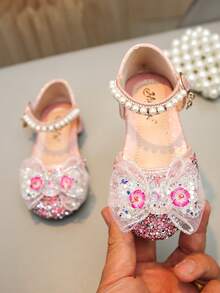 Sandalias planas con lazo de perlas y diamantes de colores para niños, zapatos de princesa para la escuela para niños pequeños - Rosa - Ver 1