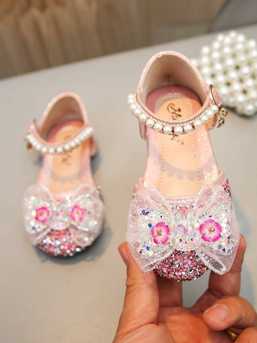 Sandalias planas con lazo de perlas y diamantes de colores para niños, zapatos de princesa para la escuela para niños pequeños - Rosa - Ver 1