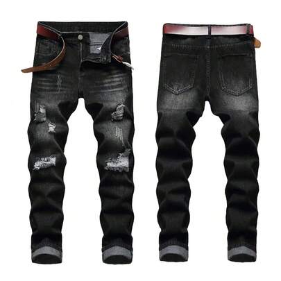 2026 New Style Black, Ripped, Retro Street-Style Men's Jeans, Suitable For Daily Outdoor Outings And Long Jeans For Casual Wear