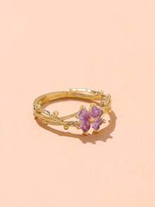 1 pieza Anillo floral de trébol hueco y delicado, elegante anillo abierto de cobre con diamante incrustado, adecuado para uso diario, fiestas, reuniones, citas, regalos festivos, regalos de joyería, regalos diarios de las mujeres - Multicolor - Ver 4
