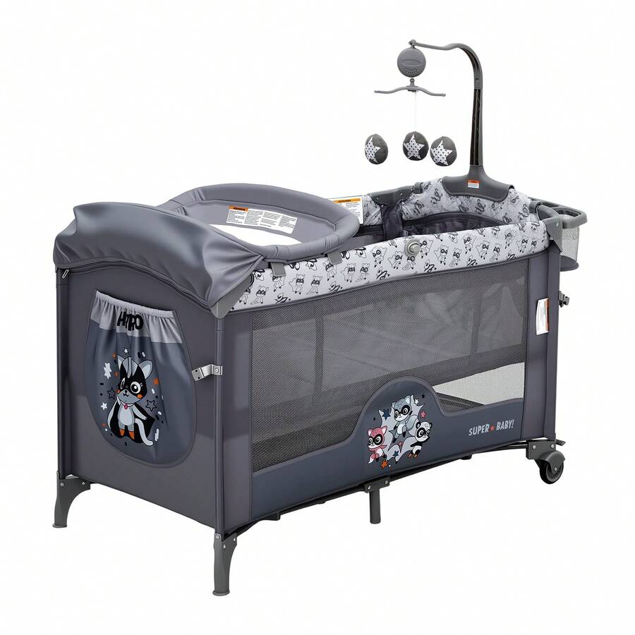 Cuna Colecho Portátil para Bebé Cuatro en Uno Pack and Play con Cambiador Ruedas Mesa de Juegos y Almacenaje - Gris Oscuro - Ver 1