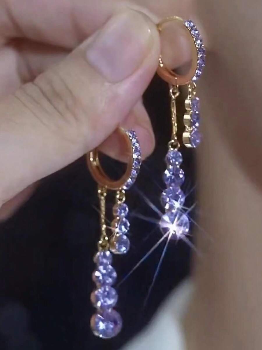 1 Pair Fashionable Purple Rhinestone Teardrop Shape Stud Earrings With Tassels - Water Drop - View 1