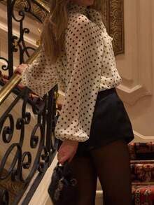 Polka Dot Print Long Sleeve Blouse, Elegant Minimalist Women's Clothing/Valentine's Day Outfit - Beige - View 9