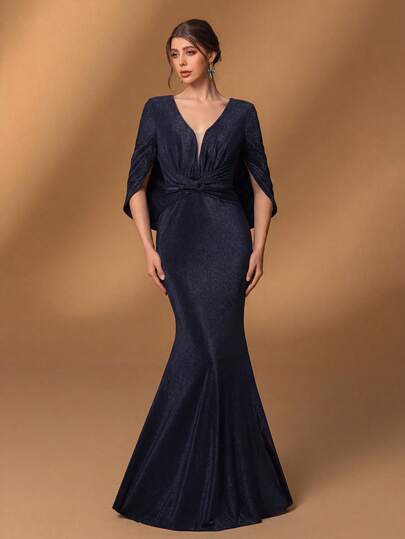 Faeriesty Elegant Navy Blue Mermaid Evening Gown, V-Neck Design, Ruffle Cape Detail, Bow Waist Accent, Sparkling Sequin Formal Dress, Suitable For Weddings, Galas And Other Formal Occasions