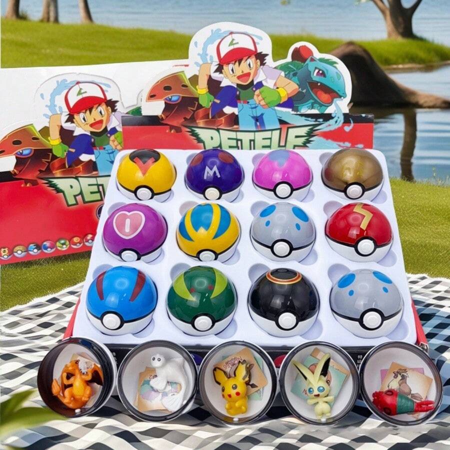 精灵球玩偶套装，内含随机迷你收藏人偶，大师球宠物怪兽玩偶，生日派对/节日礼物，圣诞节、万圣节 - 彩色 - 查看 1