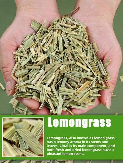 30g/100g, Citronnelle, Épices naturelles, Sans additifs chimiques, Haute qualité, Propre et pure, Purifie l'air, Rafraîchissante et agréable, Apaise les nerfs, Aide le sommeil et calme les émotions.