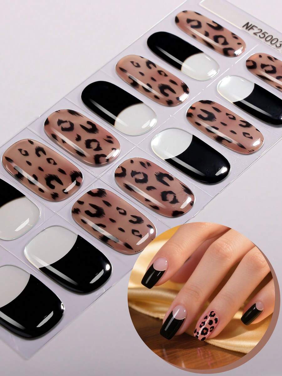 16pcs Spring/Summer Black French Leopard Print Semi-Cured Gel Nail Stickers, Retro Style Gel Nail Stickers, Easy To Apply, Suitable For Women To Do Manicure At Home