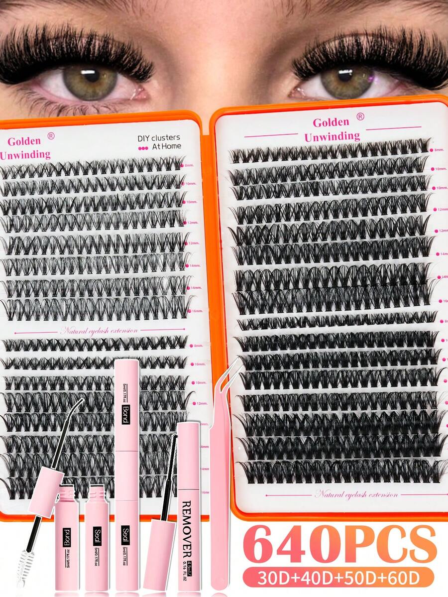 640pcs DIY Eyelash Extension Kit (30D+40D+50D+60D) - Includes False Eyelashes, Glue, Makeup Remover, Tweezers, Suitable For Professionals And Beginners, Convenient For Home Use, Eyelash Extension Starter Set: Includes Full Set Of False Lashes And Glue - 彩色 - 查看 1