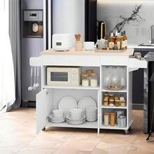 Carrito Auxiliar de Cocina con Isla, Mesa Plegable, Botellero, Soporte para Microondas, Cajón, Estantes, Especiero y Colgador de Tazas, Blanco - Blanco y Negro - Ver 7