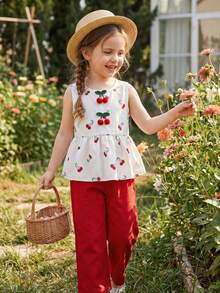 BASUSARRI Young Girl Cherry Print Sleeveless Dress Top And Straight Leg Pants Set, Elegant Lady Style Outfit For Girls, Suitable For Dates, Outings, Valentine's Day - Red - View 2
