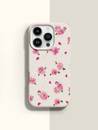 1 pieza Funda de teléfono suave de silicona líquida a prueba de golpes con patrón de flor y corazón rosa de moda y pantalla completa, compatible con Apple 11/12/13/14/14 Plus/15/15 Plus/16/16 Plus/17/17 Pro