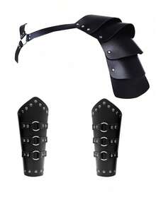 3件套中世纪文艺复兴骑士半肩仿皮斗篷，含腕带，适合维京市场、LARP角色扮演服装、万圣节 - A - 查看 14