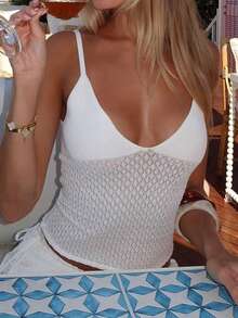 Live To Mo Y2K Sexy Hollow Out Crochet Cami White Top - Perfect For Summer Holiday& Valentine's Day Outfits - White - View 3