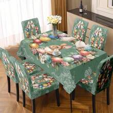 4/5/6/7pcs Easter Chair Cover & Tablecloth Set, Elegant & Fashionable Design With Cute Rabbit And Easter Egg Patterns In Green Tone. The Chair Covers Are Practical And Decorative, Ideal For Creating Holiday Atmosphere, Suitable For Restaurants, Hotels And Celebration Occasions, A Perfect Easter Gift. - Multicolor - View 8