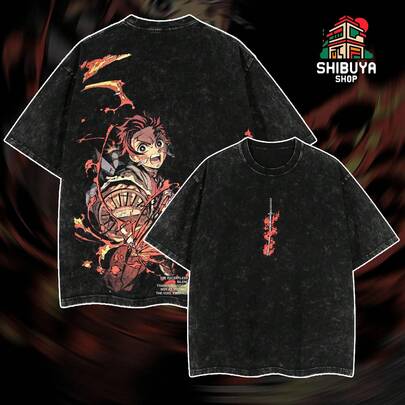 [Shibuya] Camiseta de algodón pesado lavada con ácido de anime vintage retro unisex de Tanjiro Demonslayer, mercancía de anime, regalo para fan de anime. Ropa de anime de gran tamaño