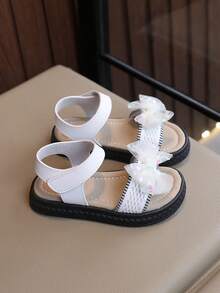 Girls' Sparkly Mesh Bow Sandals – Adjustable Ankle Strap, Breathable Lace Upper, Soft Padded Footbed, Non-Slip Sole For Summer Casual & Party Wear - White - View 6