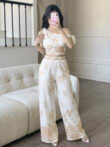 abyoxi 两件套：不对称领口系带腰身休闲上衣和阔腿裤，性感黄色套装，适合通勤、海滩、春夏穿着 - 杏色花 - 查看 1