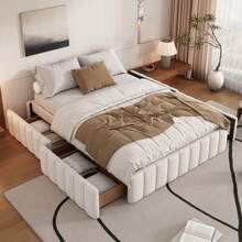 Upholstered Bed 140 X 200 Cm, Bed Frame, Single Bed, Double Bed, Designer Bed With Slatted Base (Without Mattress), Bed Frame, No Headboard, Minimalist Styling, Beige - White - View 2