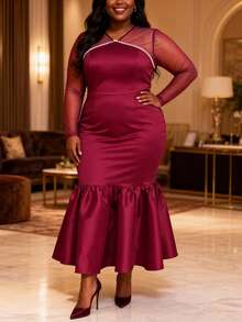 Curvy Women Wine Elegant Mermaid Dress With Sheer Mesh Long Sleeve Pearl Chain Embellishment Fitted Cocktail Party Gown - Wine Red - View 3