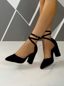 Nuevas sandalias de tacón grueso negro con diseño calado, sandalias de tacón alto para mujer con punta cerrada y tiras, tacones puntiagudos tipo slip-on para el trabajo y uso diario - Negro - Ver 3