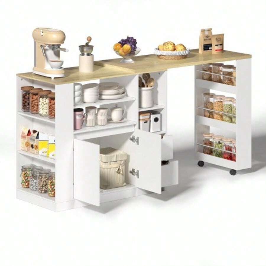 Kitchen Island With Extendable Worktop, 115cm Long Storage Island With Shelves On Three Sides And Two Drawers, Coffee Corner, Extendable Wooden Dining Table, Ideal For Dining Rooms And Home Bars - 白色 - 查看 1