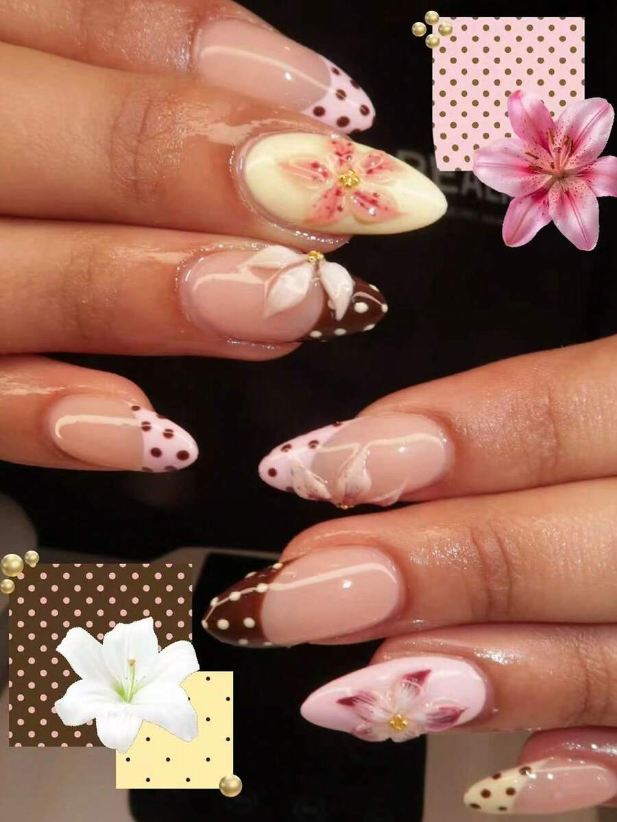 24片Y2K风格杏仁形3D凝胶波点法式美甲贴纸，包含3D凝胶花朵、金色珍珠和波点图案，粉嫩少女风，易于佩戴的亚克力假指甲套装，附赠1瓶胶水和1把指甲锉，适合女性和女孩日常及各种派对场合。 - 彩色 - 查看 1