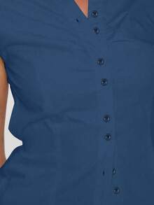 Solid Color Button Collar Short Sleeve School Uniform Shirt, Fitted T-Shirt Dress With Pleats On Chest Summer - Navy Blue - View 4