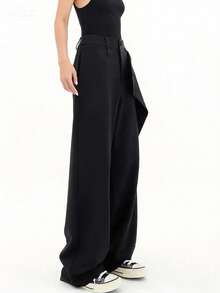 女士阔腿西装裤，宽松黑色长裤，不对称直筒裤，时尚休闲薄款正装裤，适合春夏穿着 - 黑色 - 查看 5