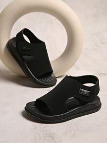 2022 Summer New Solid Soft Bottom Beach Sandals For Toddlers & Little Kids, Hook And Loop Closure - Black - View 2