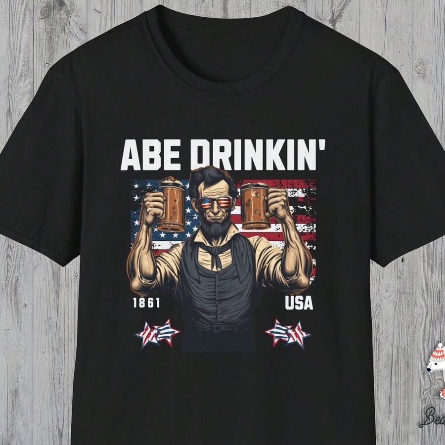 Abe Drinkin Shirt Abe Lincoln Drinking Presidents Drunk Presidents Unisex Softstyle T-Shirt 4th Of July Shirt Party Inde - 黑色 - 查看 1