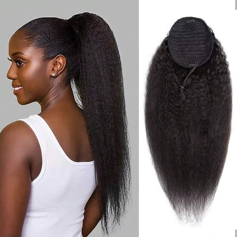 Drawstring Kinky Straight Human Hair Ponytail Extensions With Clips Afro Yaki Brazilian Hair #1B Clip In Pony Tail Extensions