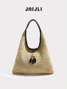 1pc Bohemian Vacation Straw Weaved Tasseled Tote Bag, Shoulder Bag, Casual Large Capacity, Versatile For Daily Commute, Fashion Casual, Tourism, Beach, Wedding - Màu Khaki - Xem 1