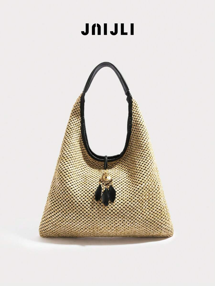 1pc Bohemian Vacation Straw Weaved Tasseled Tote Bag, Shoulder Bag, Casual Large Capacity, Versatile For Daily Commute, Fashion Casual, Tourism, Beach, Wedding - Màu Khaki - Xem 1