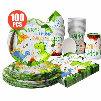 Watercolor Dinosaur Jungle Disposable Plates, Napkins, Cups - One-Time Party Supplies Set For 25 Guests, Disposable Paper Plates Party Tableware Suitable For Birthday, Wedding, Theme Party, Family Picnic