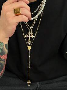 4件套复古嘻哈十字架吊坠仿珍珠项链，Y字形项链套装，可单独佩戴或叠戴，男士魅力饰品，适合日常、音乐节、派对等场合，男女皆宜，理想礼物 - 金色 - 查看 3