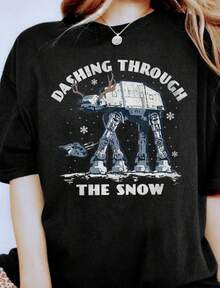 AT-AT Walker Dashing Through The Snow Christmas T-Shirt, Disneyland Family Holiday Party Trip Gift, Funny Xmas Light Tee - Black - View 1