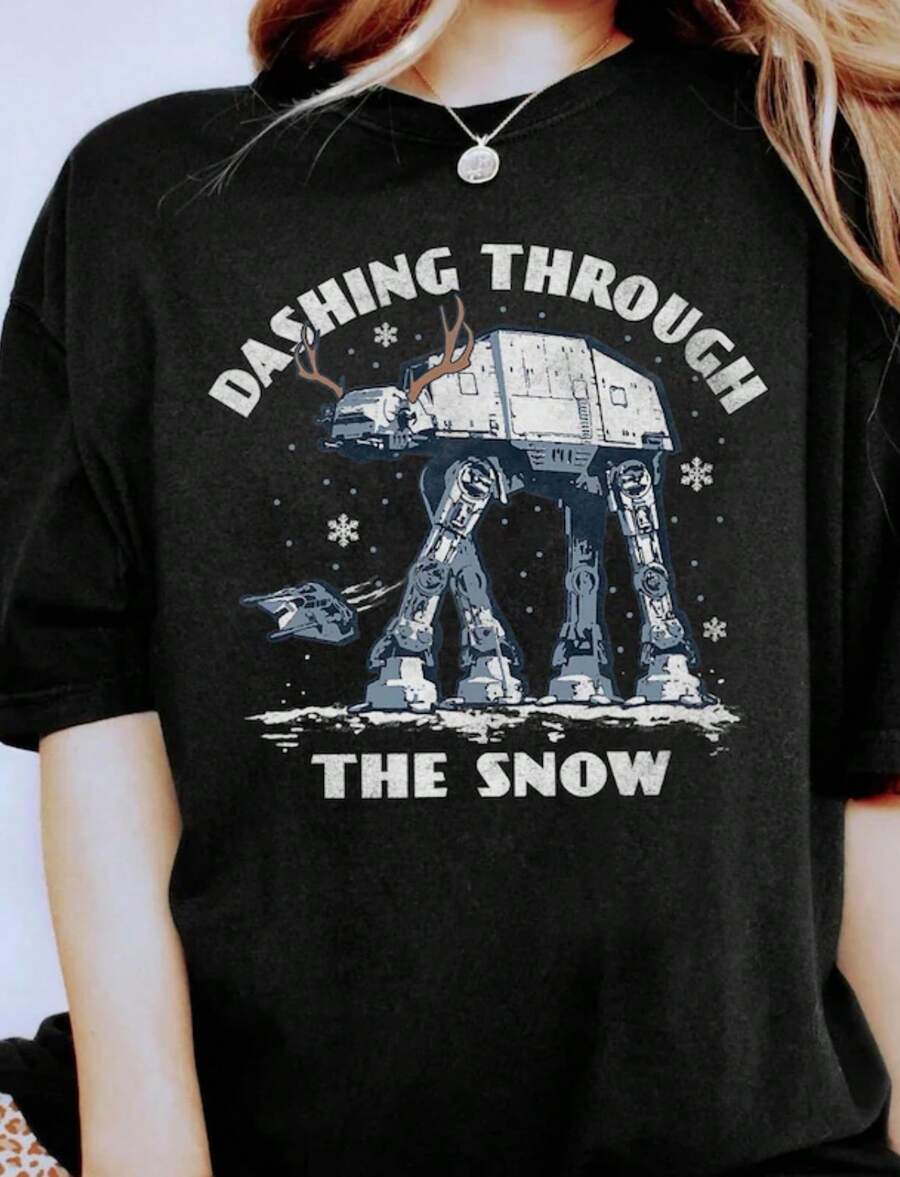 AT-AT Walker Dashing Through The Snow Christmas T-Shirt, Disneyland Family Holiday Party Trip Gift, Funny Xmas Light Tee - Black - View 1