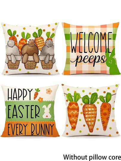 4pcs Easter Pillow Covers, Cute Rabbit & Carrot Farmhouse Style Decorative Cushion Covers For Spring Holiday Decor