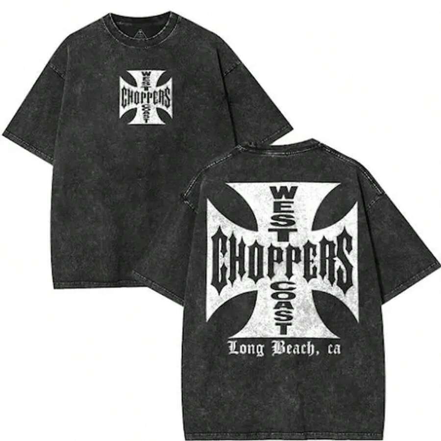 West Coast Choppers 2 Sided T-Shirt, Vintage Unisex Acid Washed Lightweight Cotton T-Shirt Game Lover Graphic Tees Mens Clothing Streetwear - 黑色 - 查看 1