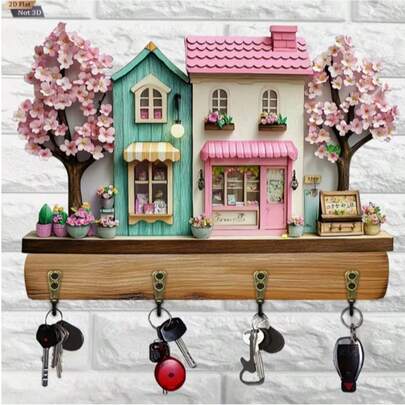 2D Flat Purple House Key Rack With 4 Metal Hooks | Wooden Multifunctional Key Storage Rack, Suitable For Home, Porch, And Room Decoration, 11.8 X 9 Inches, Romantic Design, Sturdy Structure