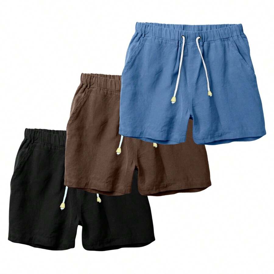 Set Of 3 Premium Linen Shorts For Men - Luxury Beachwear - 巧克力棕 - 查看 1
