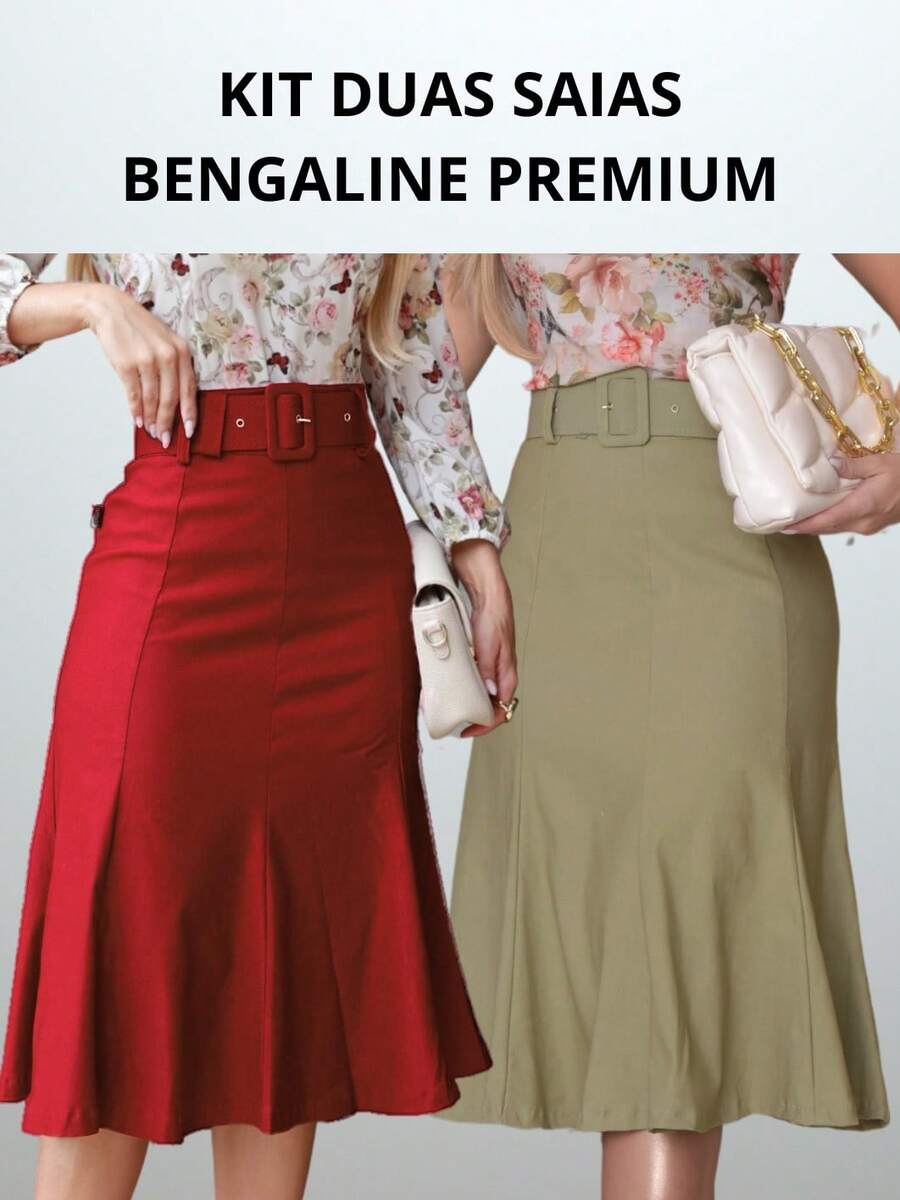 Set Of 2 Women's Midi Skirts, Formal, Evangelical, Elegant Secretary Style, With Belt And Elastane - 紅+綠 - 查看 1