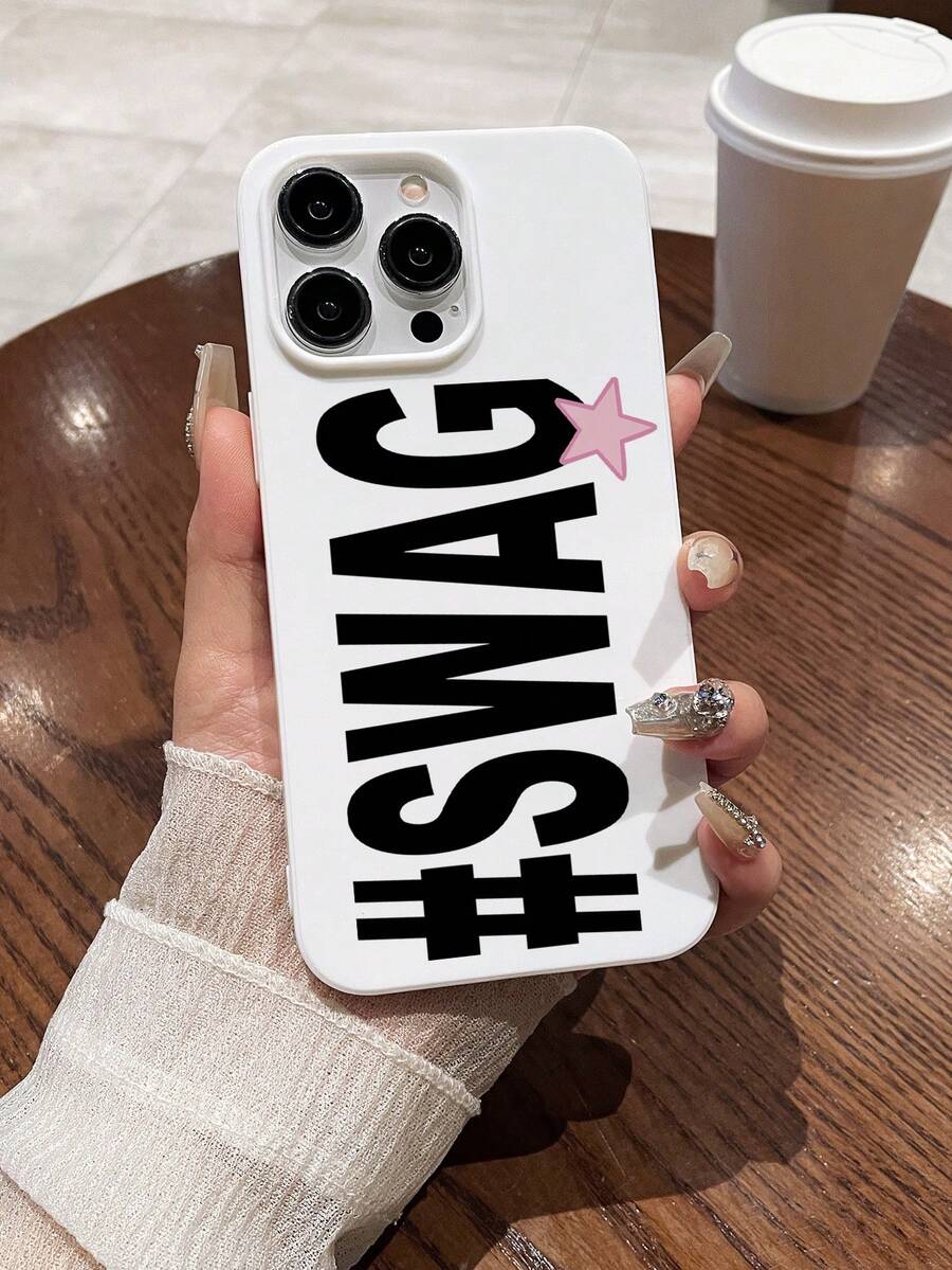 Y2K 1件装“#SWAG”粉色星星极简印花白色亮面手机壳，兼容 11/13 Pro Max/15/17/17 Pro Max和Galaxy S24 Ultra/S26 Ultra，标语美学设计，适合千禧一代，生日及日常使用 - 白色 - 查看 1