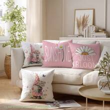 MEMNUN 4件套春日雏菊小矮人“绽放阳光”励志语录印花枕套，涤纶面料，单面印花，适合家居装饰、客厅沙发靠垫，四季皆宜，礼品之选 - 彩色 - 查看 7